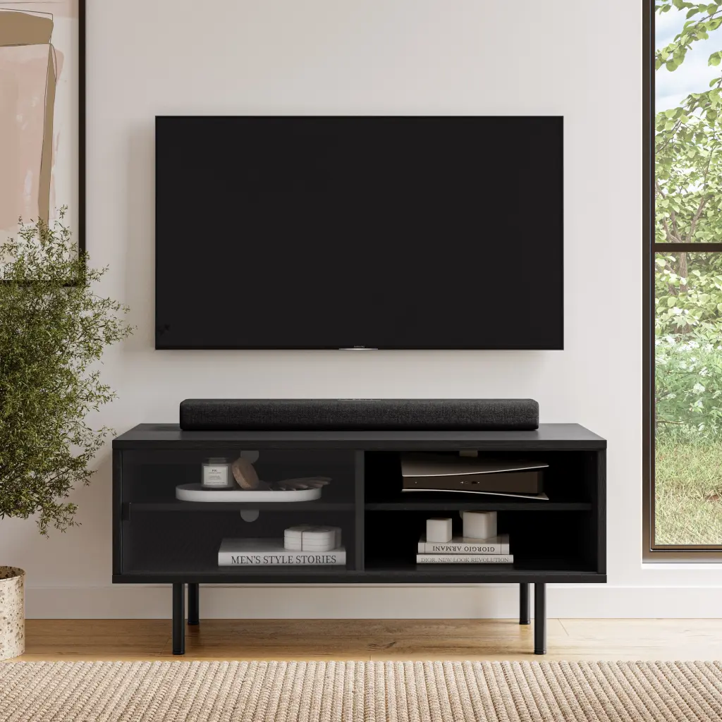 Kris Alley Pictura Ravenwood Black Modular Engineered Wood 4 Shelf TV Stand 55 Inch TVs Glass Sliding Door Kris & Alley