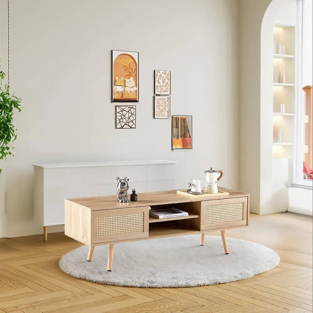 KUUFER 55 Rattan TV Stand Solid Wood TV Cabinet 55inch TV 2 Sliding Doors