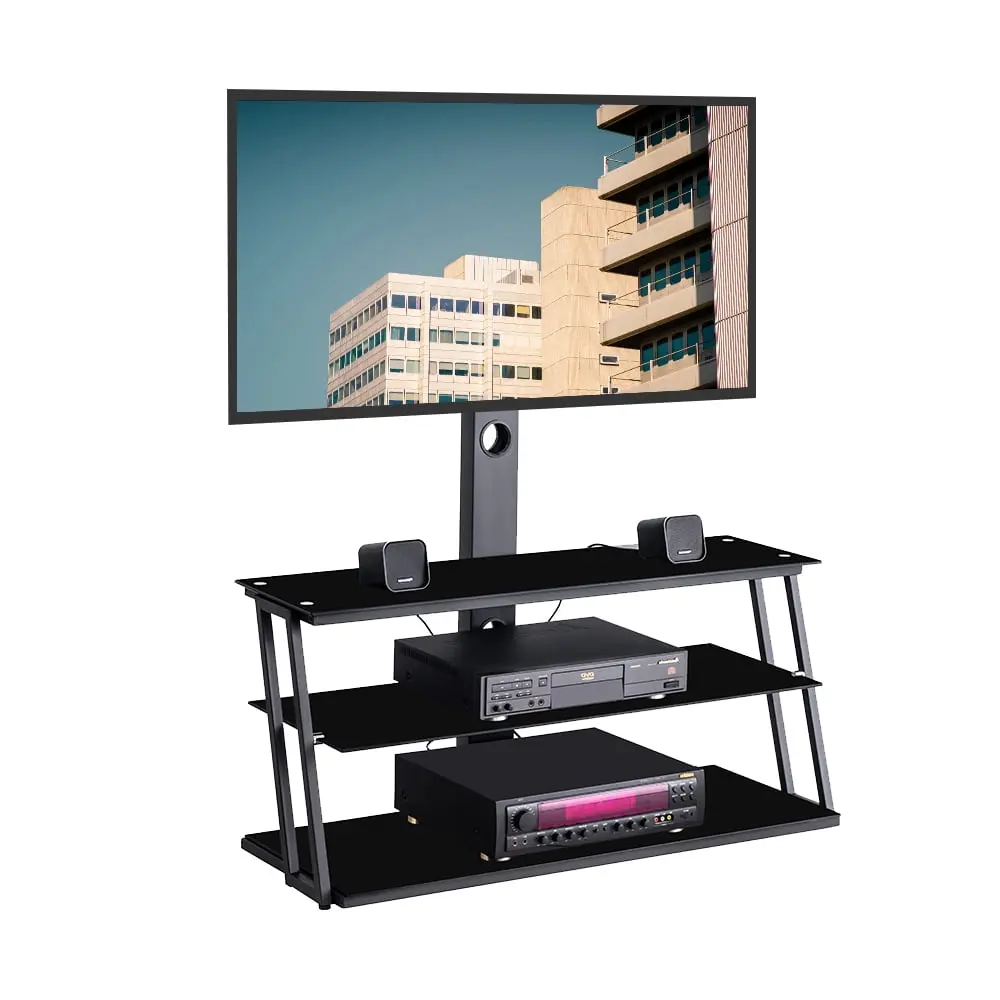 Lowestbest Multi-Function Adjustable Tempered Glass TV Stand 3 Tier - Black Entertainment Center