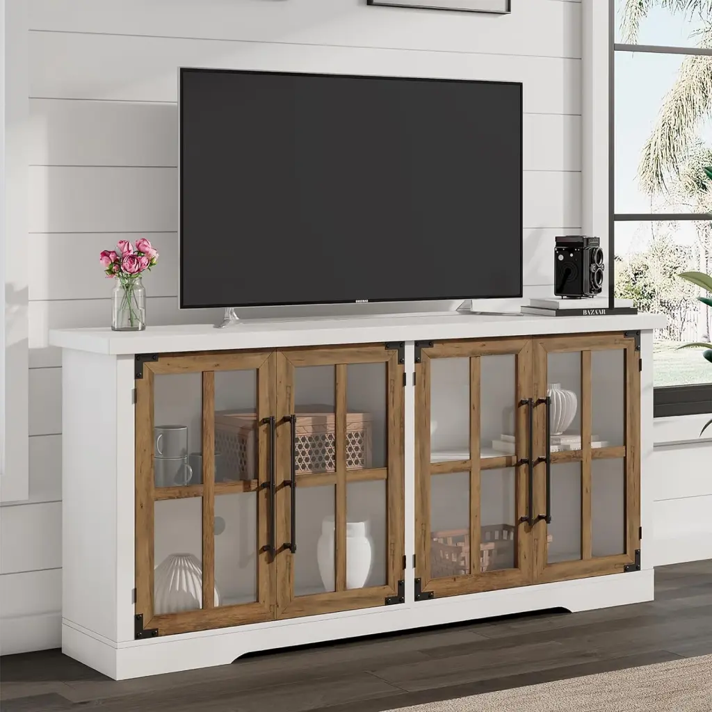LUXOAK 63 Inch Farmhouse TV Stand 4 Glass Doors and Strong Storage White and Barnwood
