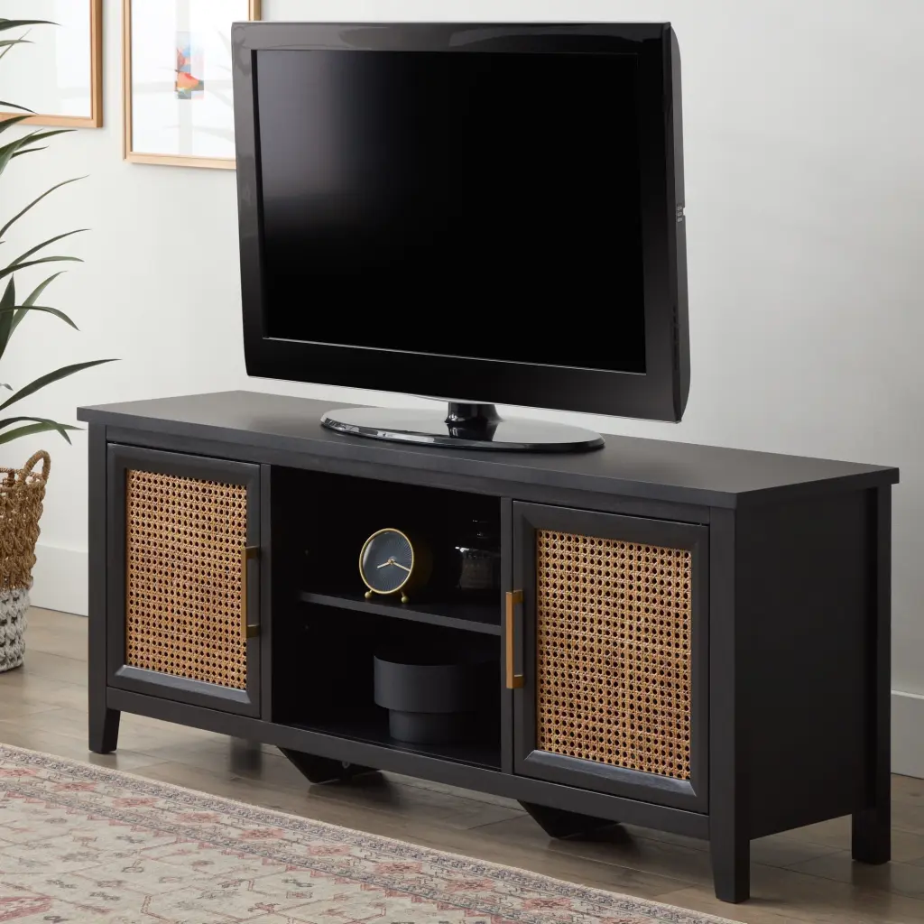 Mayview Carlson Wood and Cane TV Stand TVs up to 60 Inches Quick Assembly Black Boho Style