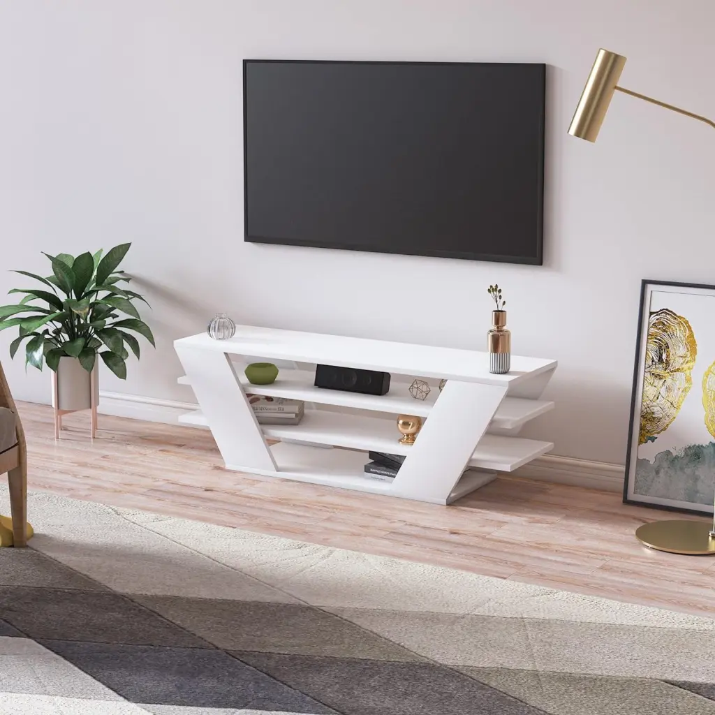 MinimaDecor Wagner High-Gloss White TV Stand 55 Inch TVs 3 Open Shelves