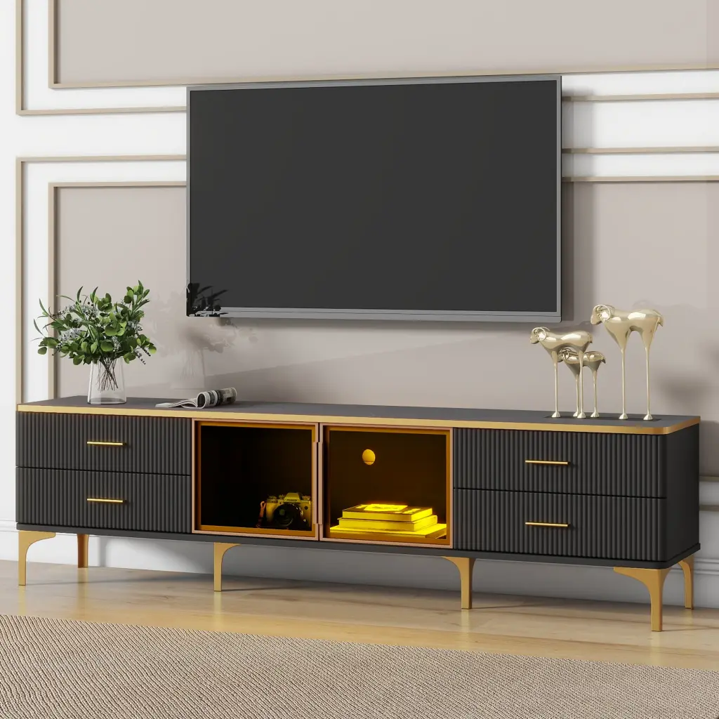 MISSUNNY Modern TV Stand 78 Inch TVs Marble-Veined Table Top and Golden Legs Black