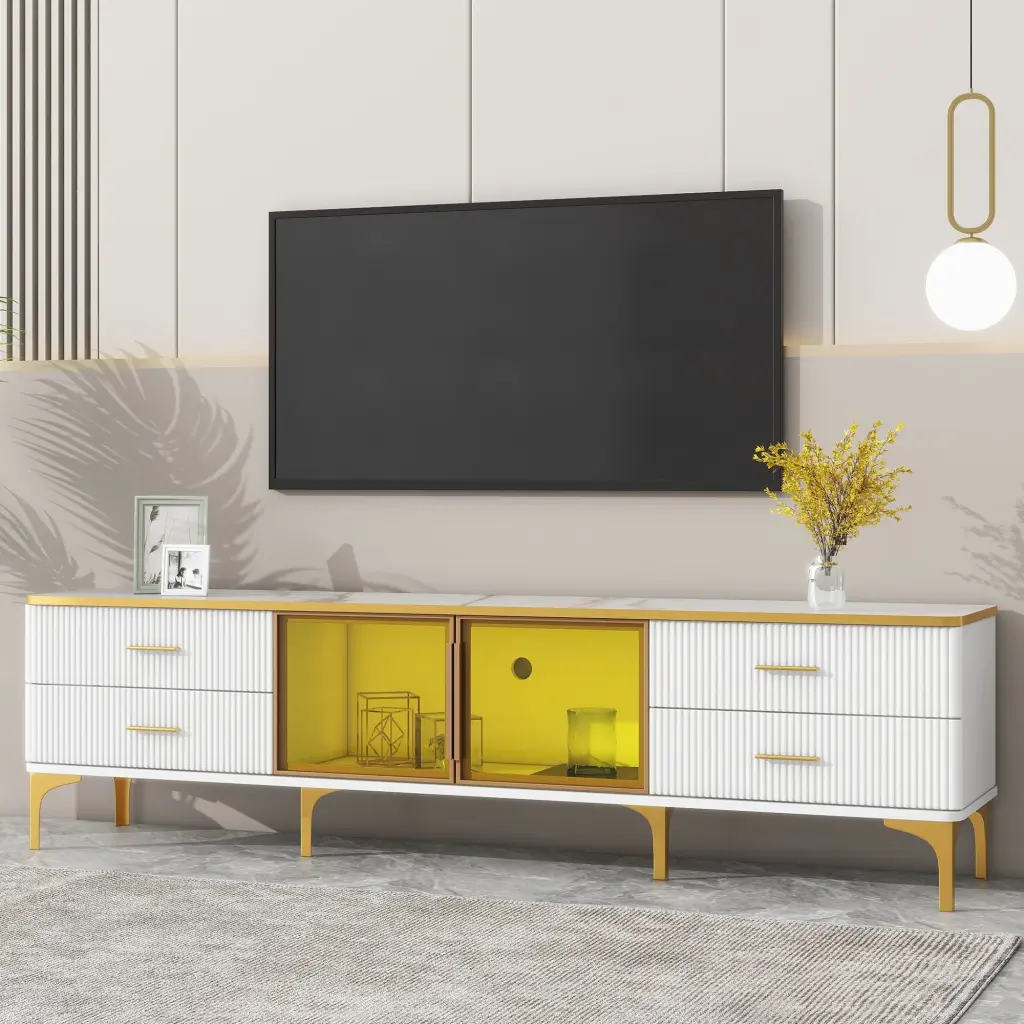 MISSUNNY Modern TV Stand 78 Inch TVs Marble-Veined Table Top and Golden Legs White