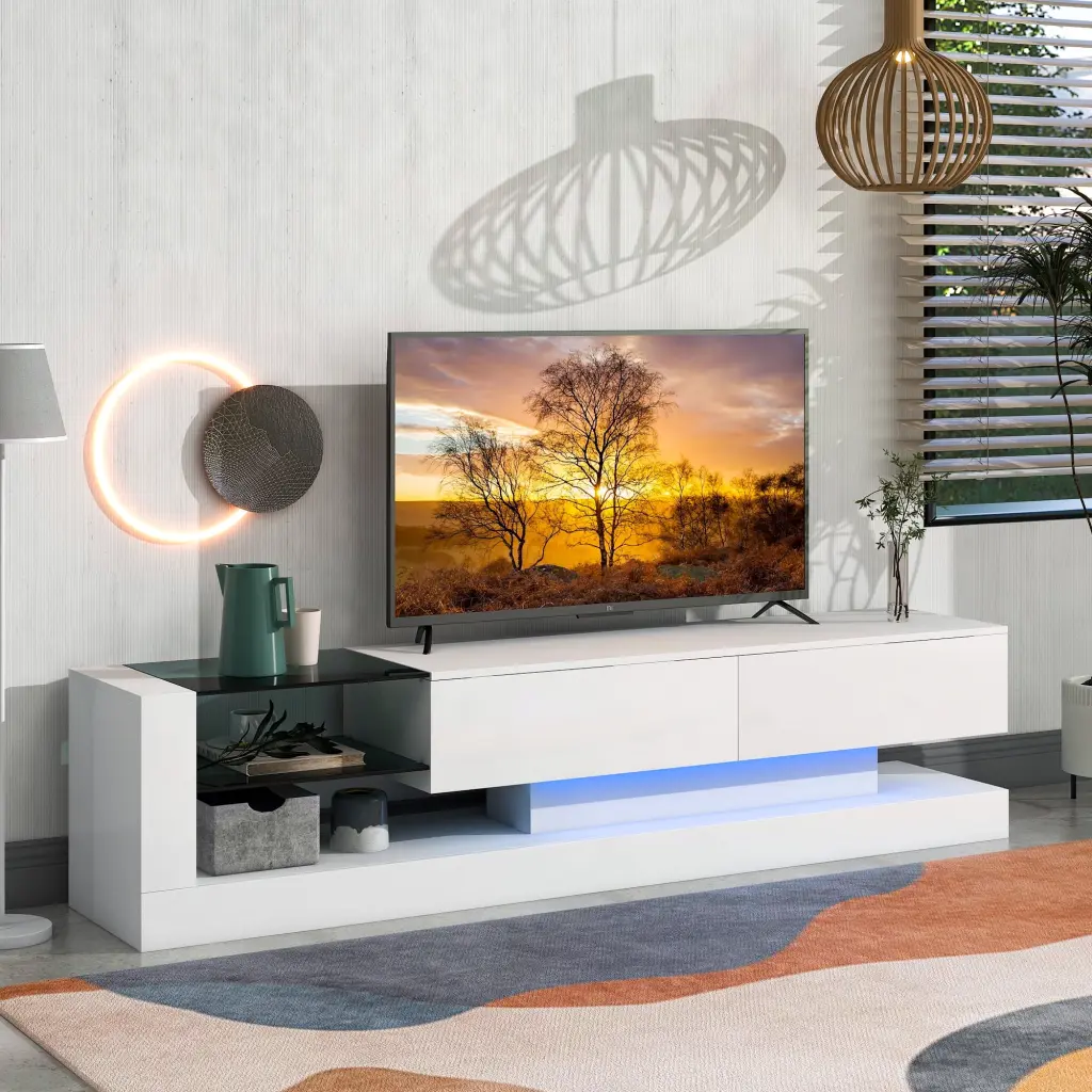MISSUNNY TV Stand 2 Media Storage Cabinets and 16-Color RGB LED Lights 75 Inch TV White