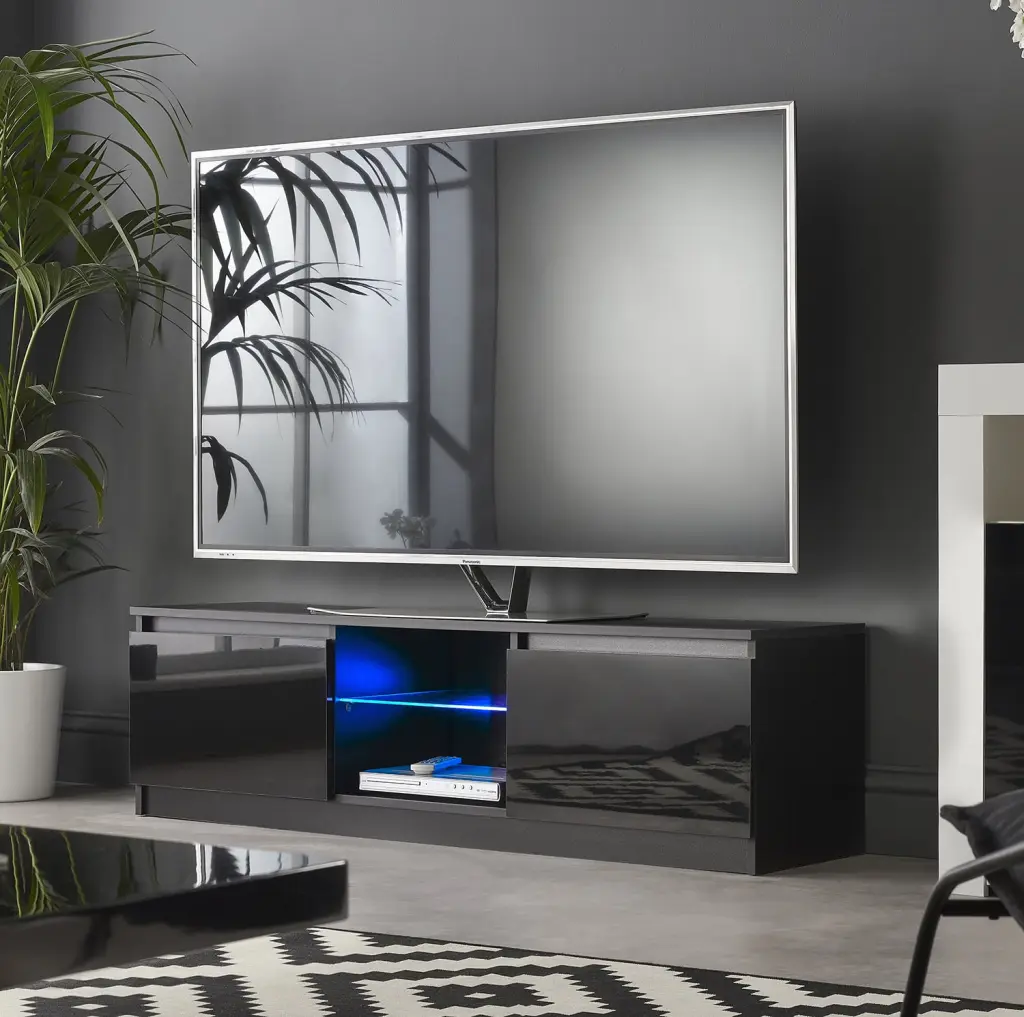MMT Black TV Stand Cabinet 55 Long LED Blue Lights up to 65 Inch TVs Satin Black Unit Gloss Doors