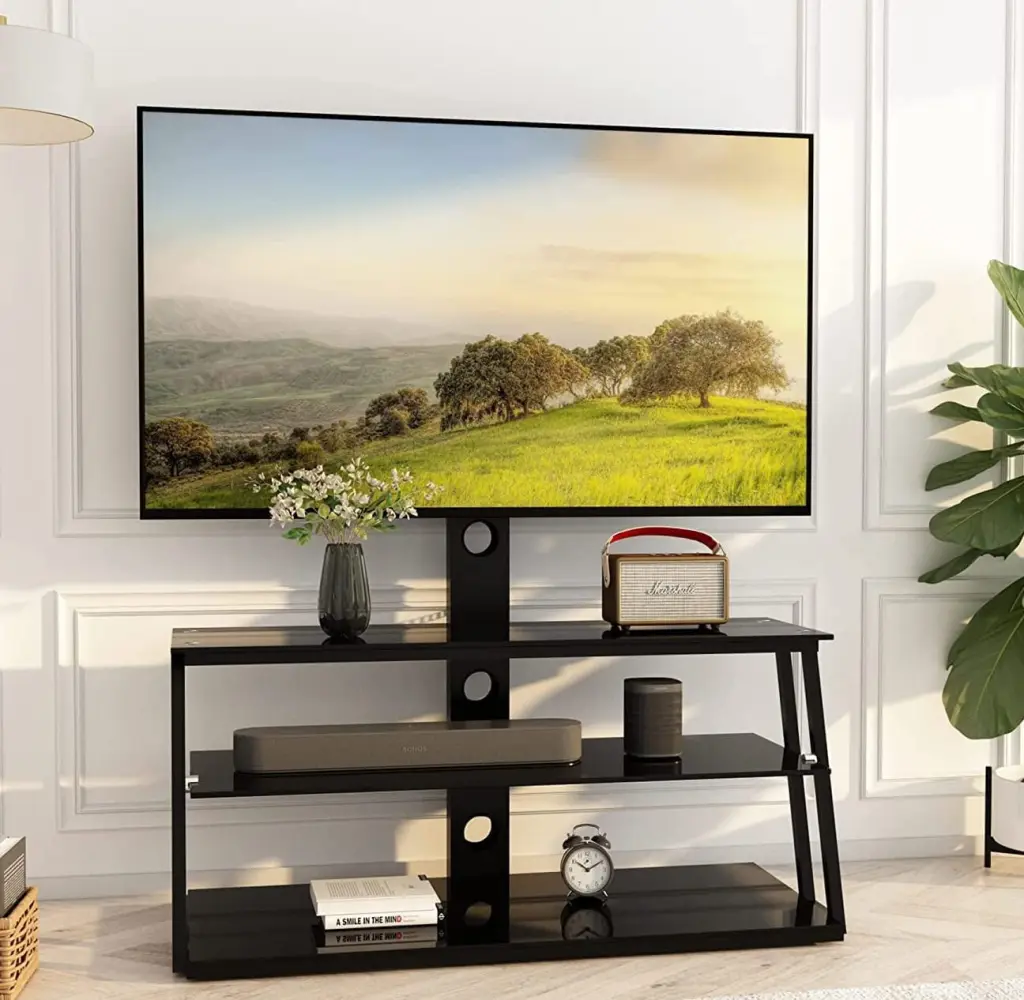 Swivel Floor TV Stand Height Adjustable Bracket 32-65 Inch TVs 3-Tier Black Tempered Glass Stand Motent