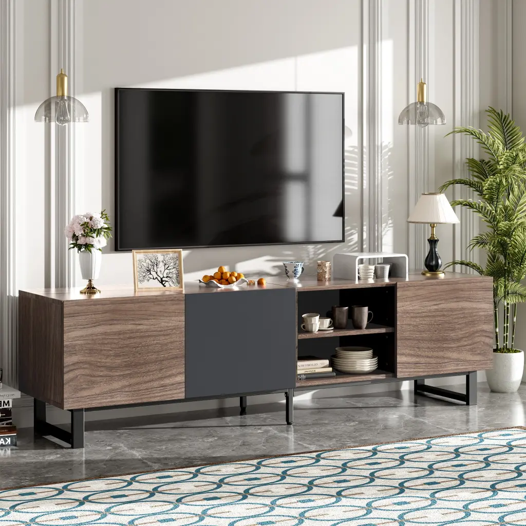 Modern TV Stand 3 Cabinets Open Shelves Hue Matching Media Console mrs