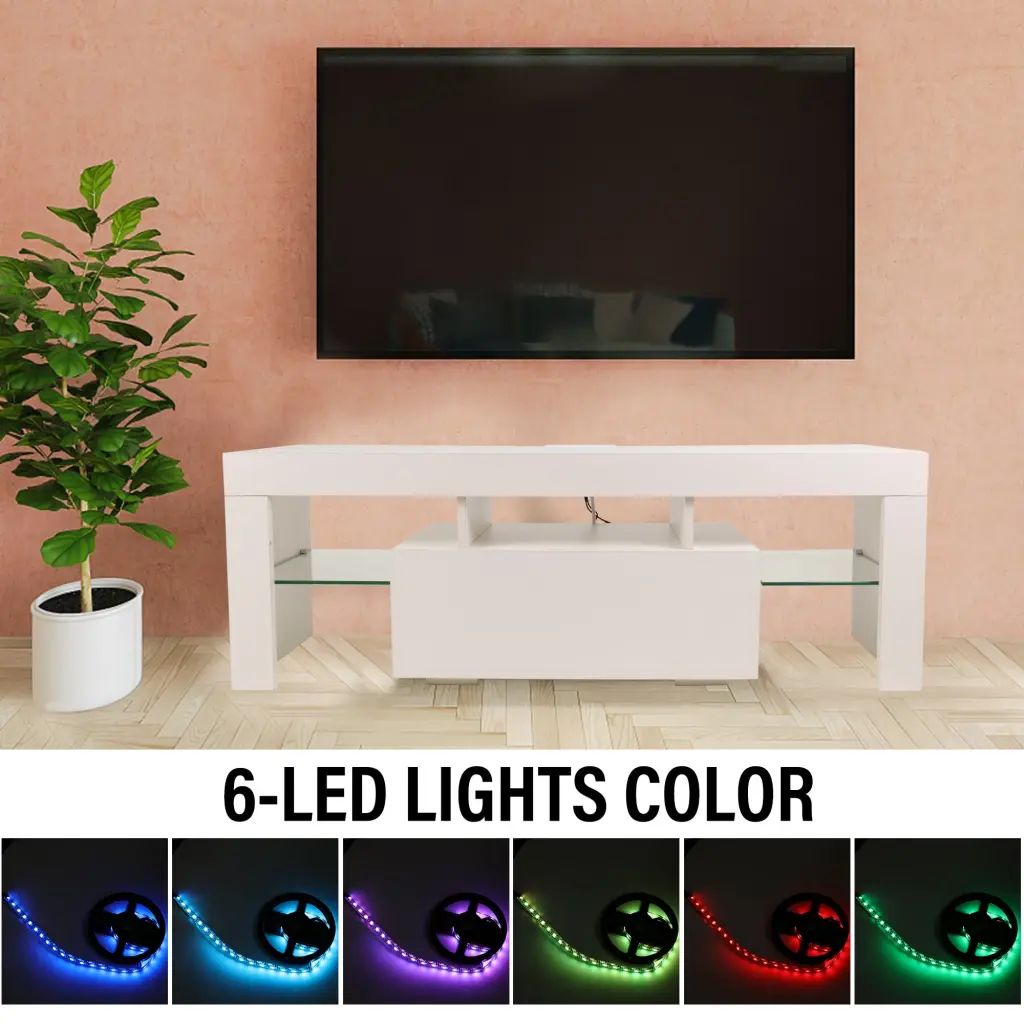 Modern LED TV Stand 70 Inch TVs Glass Shelves and Drawer - White Gaming Entertainment Center OKHOTY