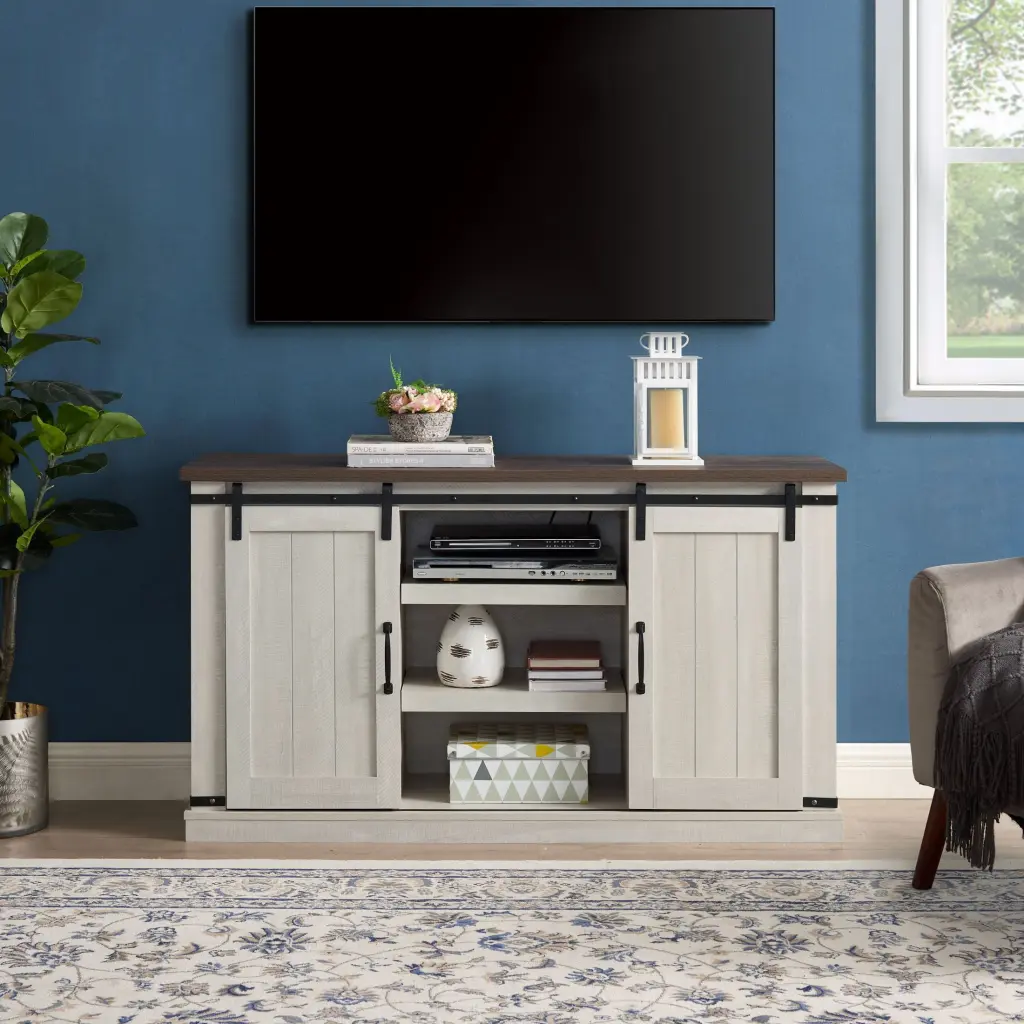 Classic Farmhouse Light Gray TV Stand Sliding Doors and Open Storage 60 Inch TV OMCCHK