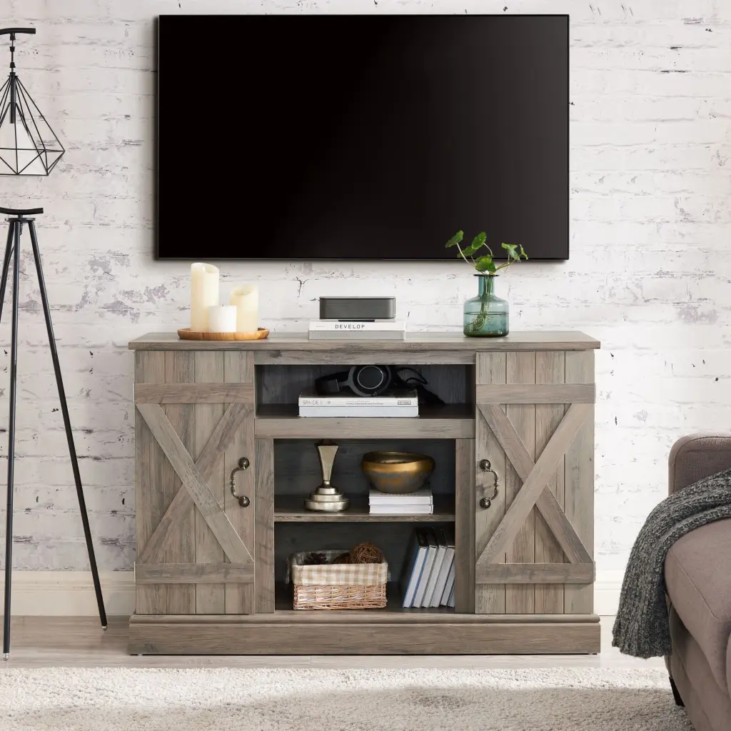 Farmhouse Classic Gray Wash TV Stand Antique Entertainment Console TV up to 50 Inch Storage OMCCHK
