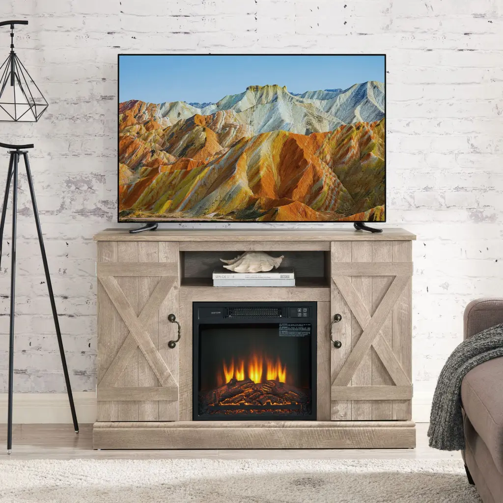 Farmhouse Classic Media TV Stand 18 Inch Fireplace Insert Antique Entertainment Console TVs up to 50 Inches Ashland Pine O...