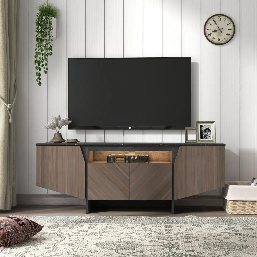 63 Inch TV Stand LED Lights, Storage Cabinet, and Shelves - Entertainment Center Console Table Living Room, Bedroom OMCCHK