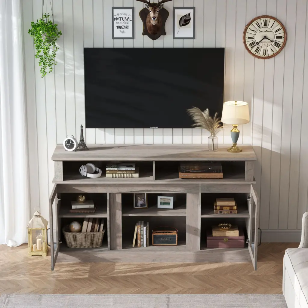 58 Inch TV Stand Storage Cabinet and Shelves Entertainment Center Living Room and Bedroom OMCCHK