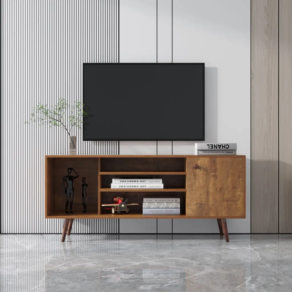 TV Stand Living Room Furniture 1 Storage and 2 Shelves Cabinet, High Quality Particle Board Walnut Finish OMCCHK
