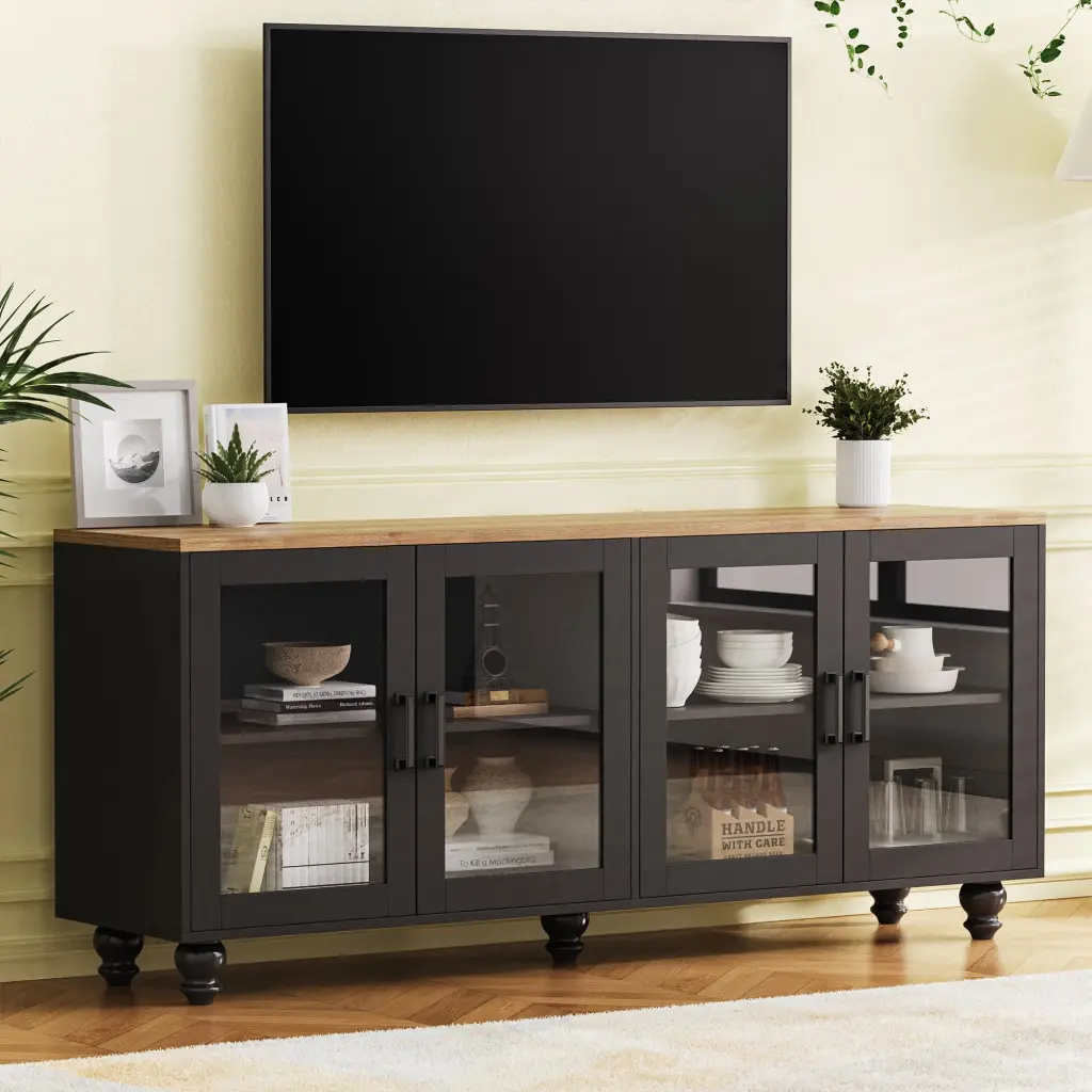 Farmhouse TV Stand Tempered Crystal Doors TVs Up to 70 Inches Versatile Design on-trend