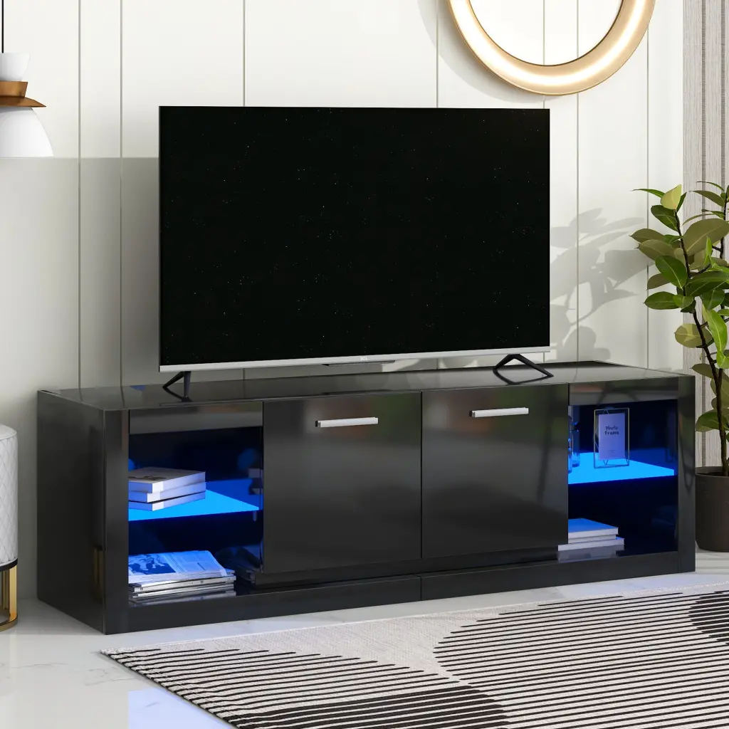 Modern TV Stand 2 Tempered Glass Shelves High Gloss Finish on-trend