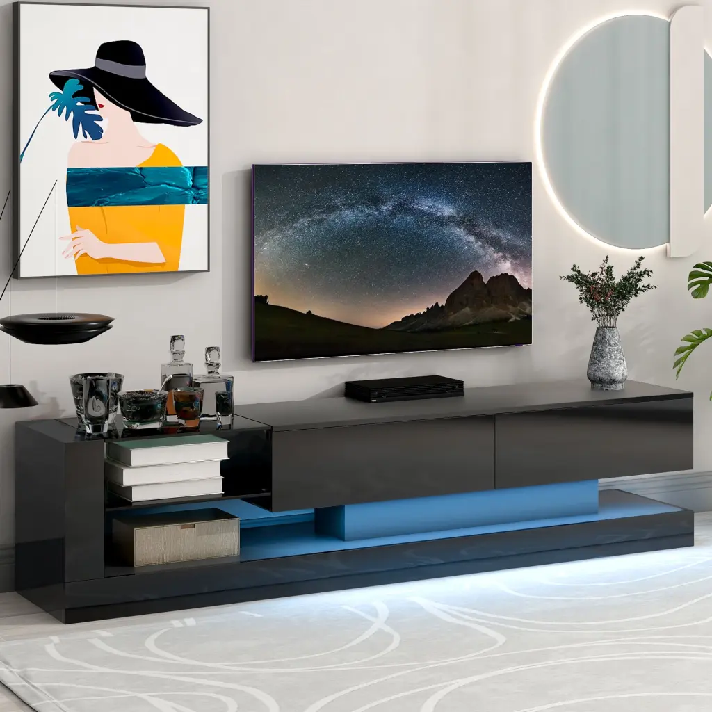 On-Trend Black High Gloss TV Stand RGB LED Lights 75 Inch TVs Two Media Storage Cabinets