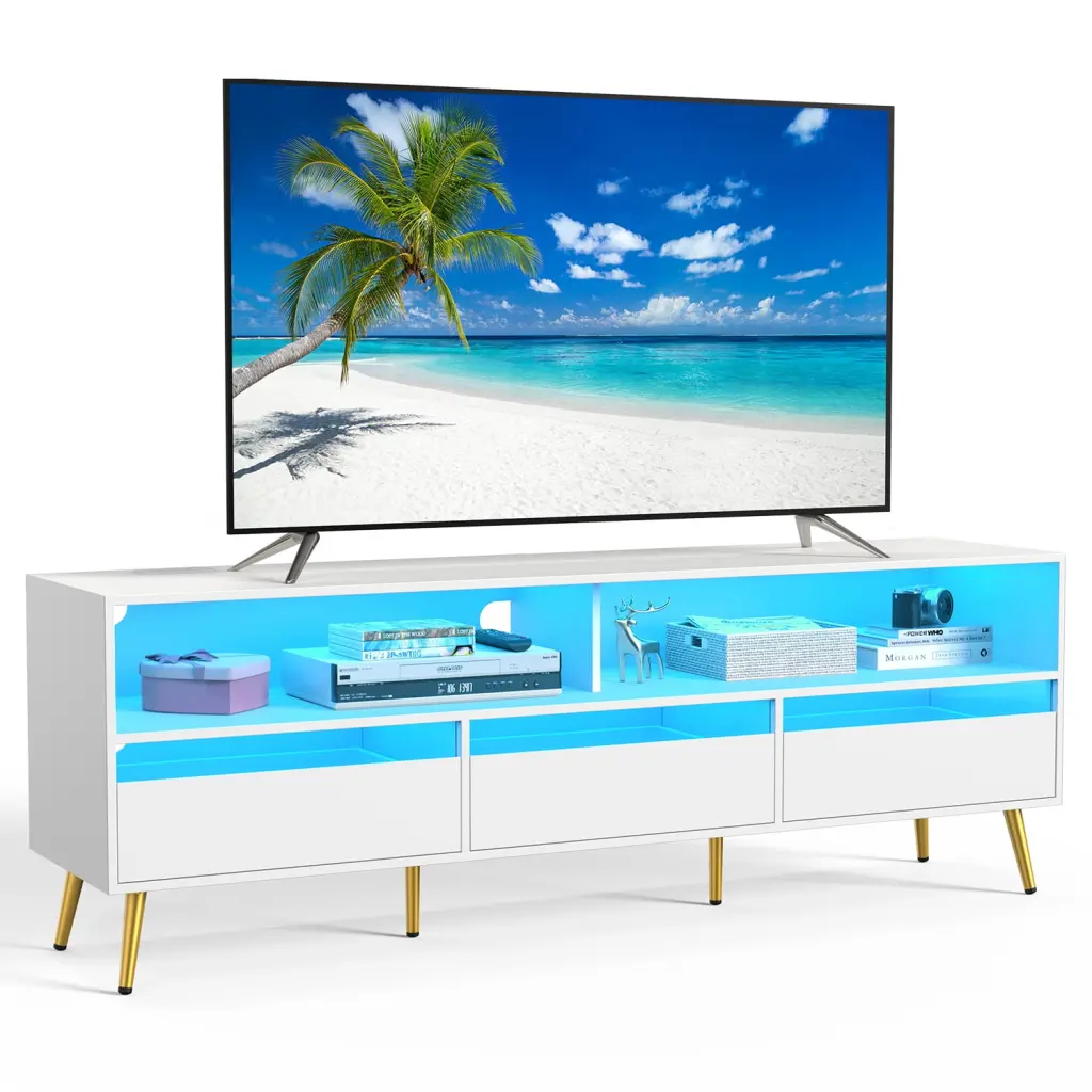 Modern TV Stand LED Light and Power Socket 75 Inch TVs White OTUTUMUS