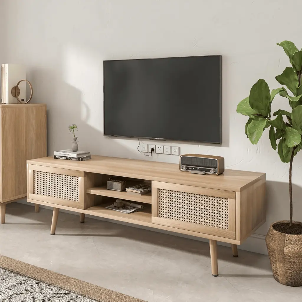 Rattan Boho TV Stand TVs up to 65 Inches Double Sliding Doors Storage Oubayajia