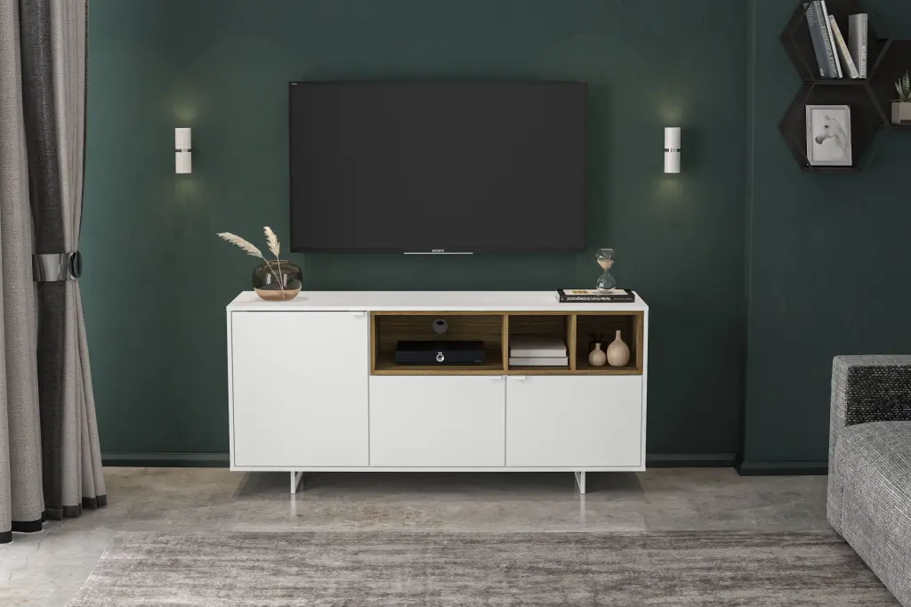 Polifurniture Honolulu TV Stand 3 Open Shelves TVs up to 65 Inches White Walnut