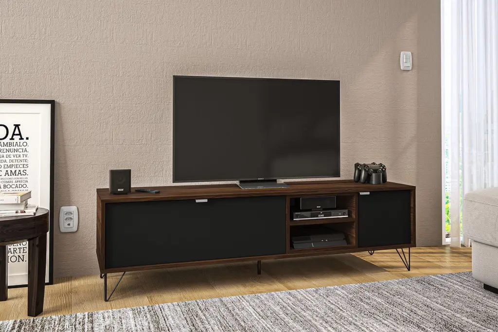 Polifurniture Montreal 2 Door TV Stand TVs up to 65 Inches - Walnut and Black Entertainment Center
