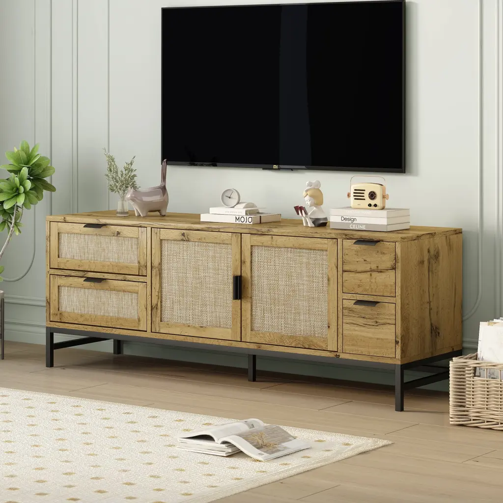 Modern TV Stand up to 65 Inch TVs Rustic Wood Entertainment Center Brown Living Room Cabinet Pregoodshop