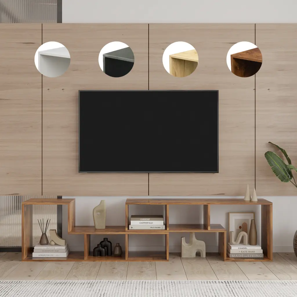 PUDO Modern Light Brown TV Stand 55-65 Inch TVs Storage Shelf
