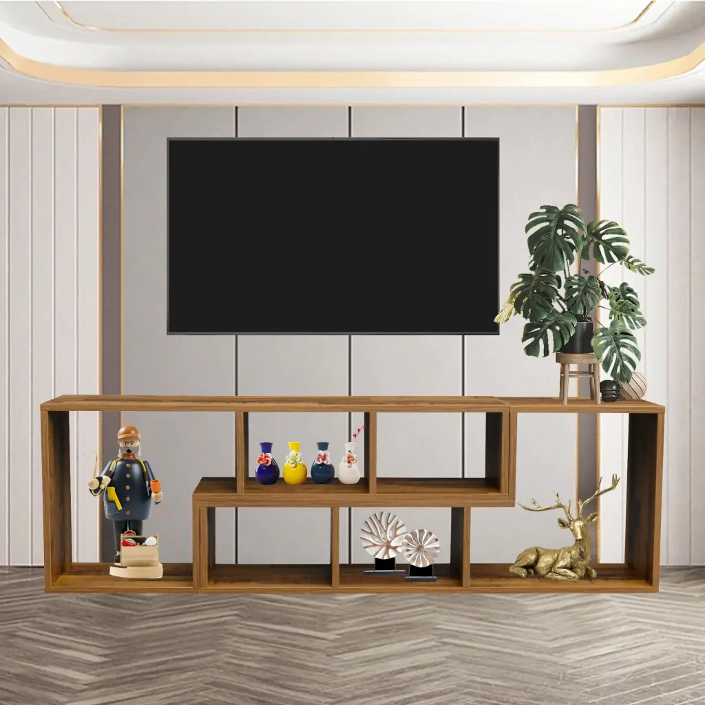 QueenDream Modern Light Brown TV Stand 55-65 Inch TVs Storage Shelf