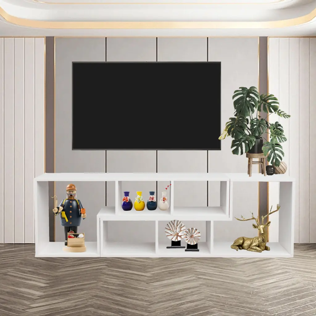 QueenDream Modern White TV Stand 55-65 Inch TVs Storage Shelf