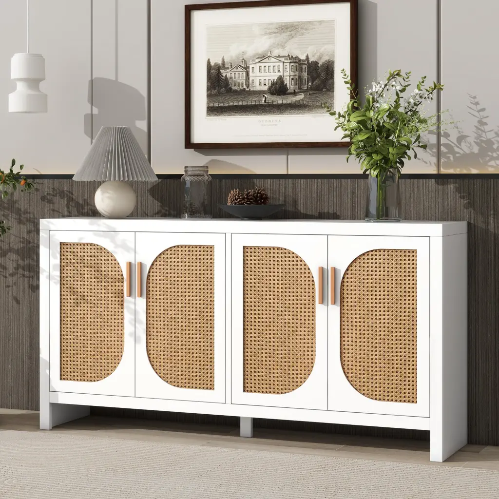 Modern TV Stand 65 Inch TV Rattan Doors and Customizable Shelves rnb