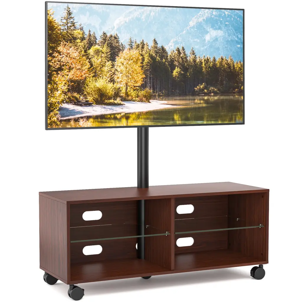 RTVR Traditional Brown Wood TV Stand Rolling Wheels 70 Inch TVs Media Storage