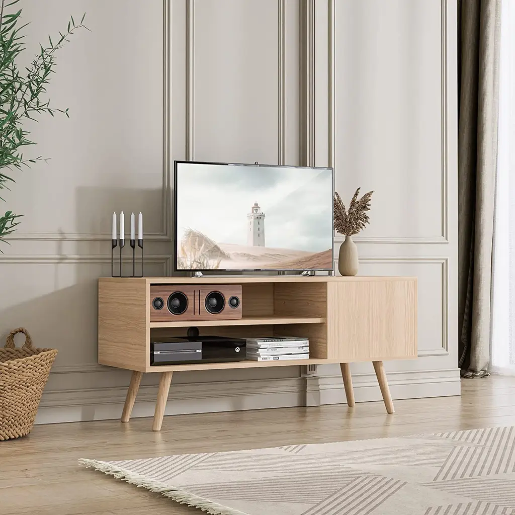 Modern TV Stand 50 Inch TV Shelves Oak Wood Entertainment Center 43.3 Inch SAILE