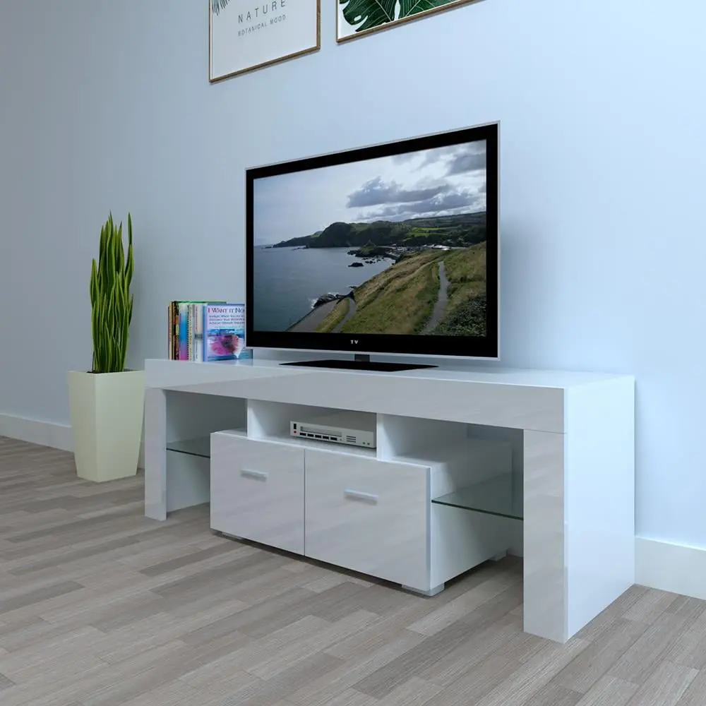 SalonMore Modern High Gloss LED TV Stand 2 Drawers Living Room Bedroom Office White