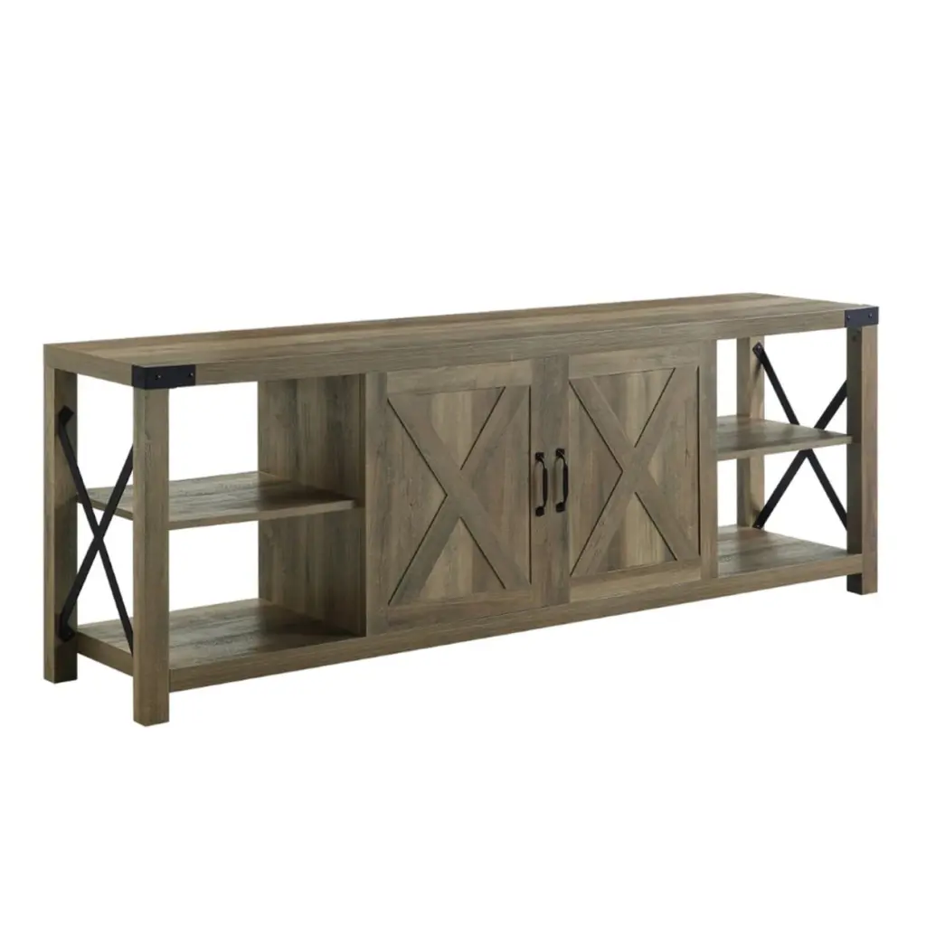 Eli 71 Inch TV Entertainment Center Cabinet Metal Brackets Oak Brown - Saltoro Sherpi