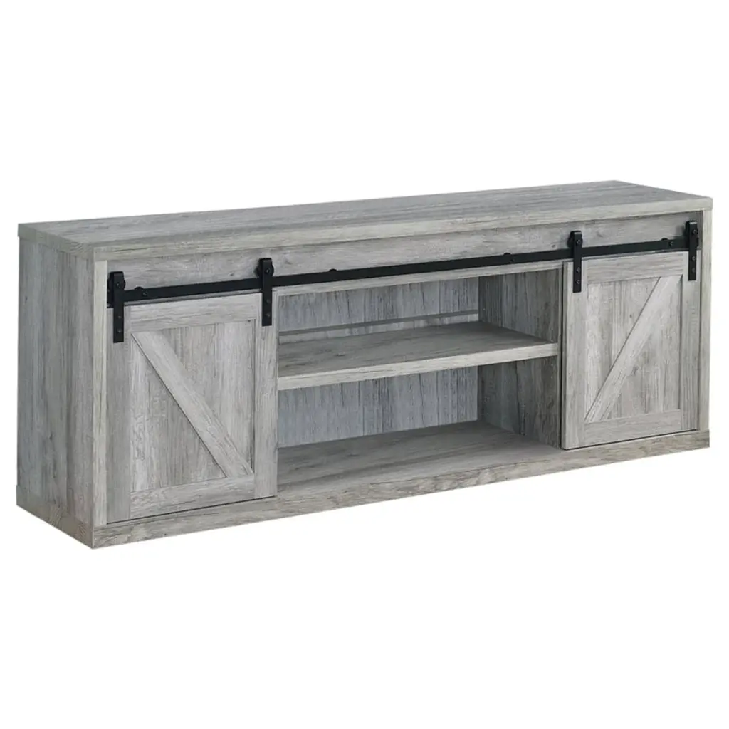 71 Inch Farmhouse Wooden TV Console 2 Sliding Barn Doors Gray Saltoro Sherpi