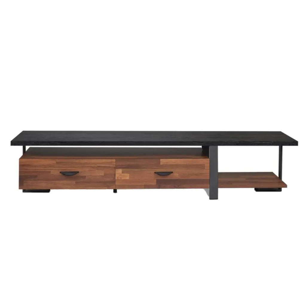 Saltoro Sherpi Metal Framed Wooden TV Stand Two Drawers and Open Shelf Black and Brown