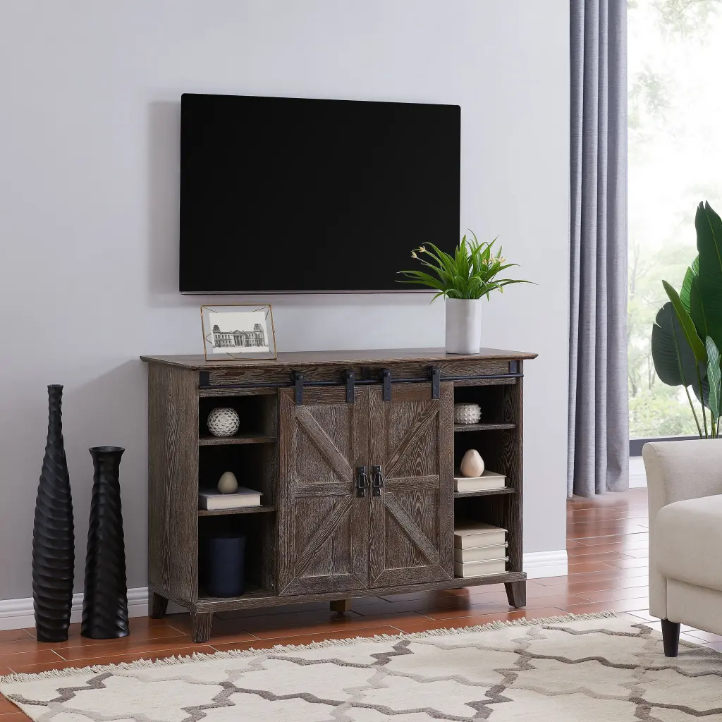 Hobrah Barn Door TV Stand Cerused Burnt Oak Finish Modern Rustic Entertainment Center SEI Furniture