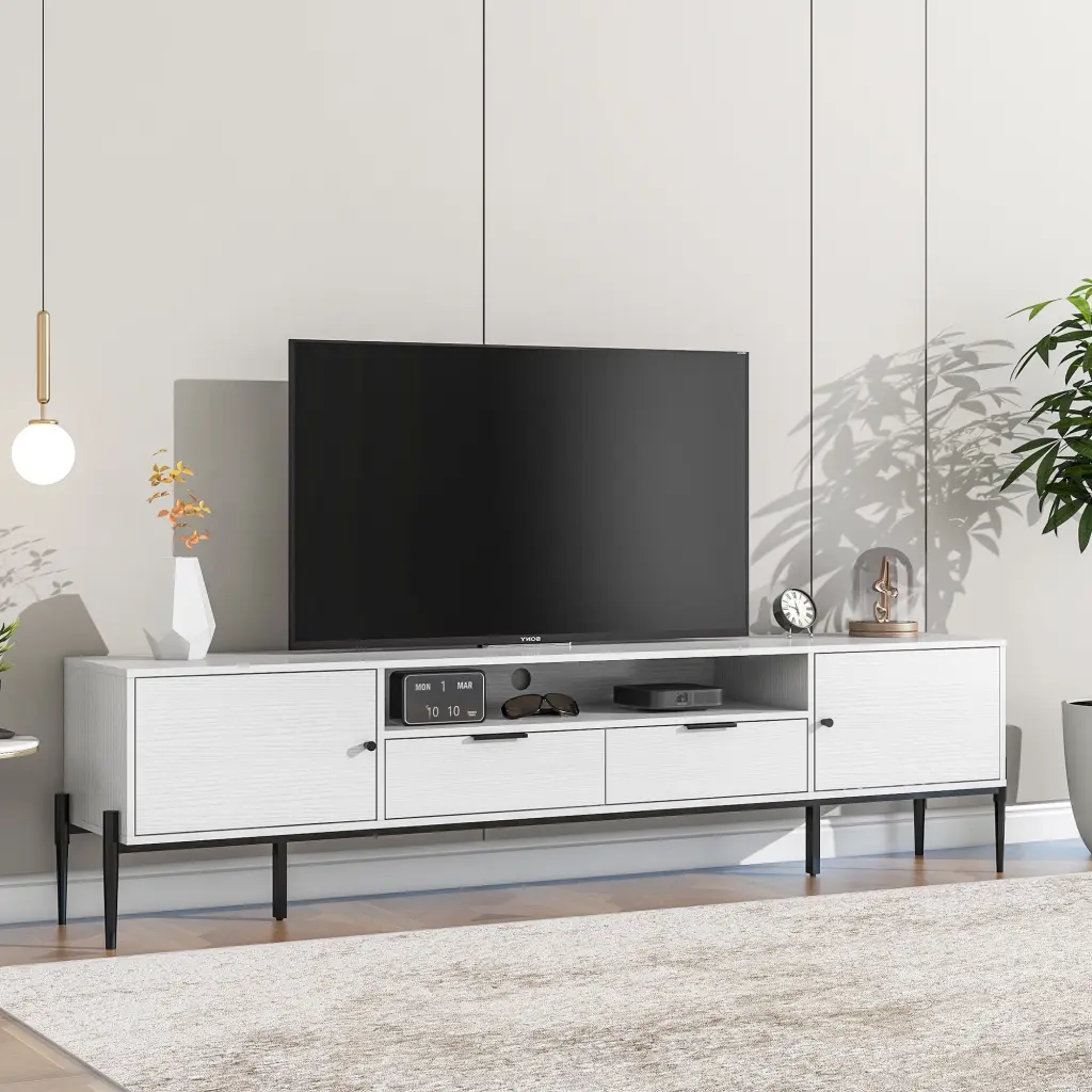 Sesslife TV Stand 80 Inch TV 2 Drawers and 2 Cabinets Media Console Table White