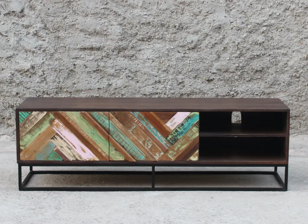 Wood Multi Color 57 Inch TV Media Stand Living Room Shelter