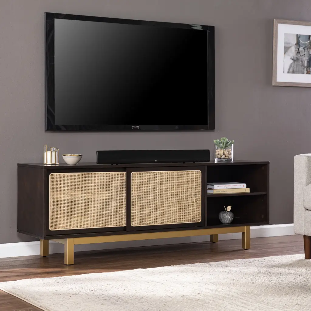 Southern Enterprises Carhoda Sliding Door TV Stand TVs up to 62 Inches Brown Gold Modern Living Room Furniture