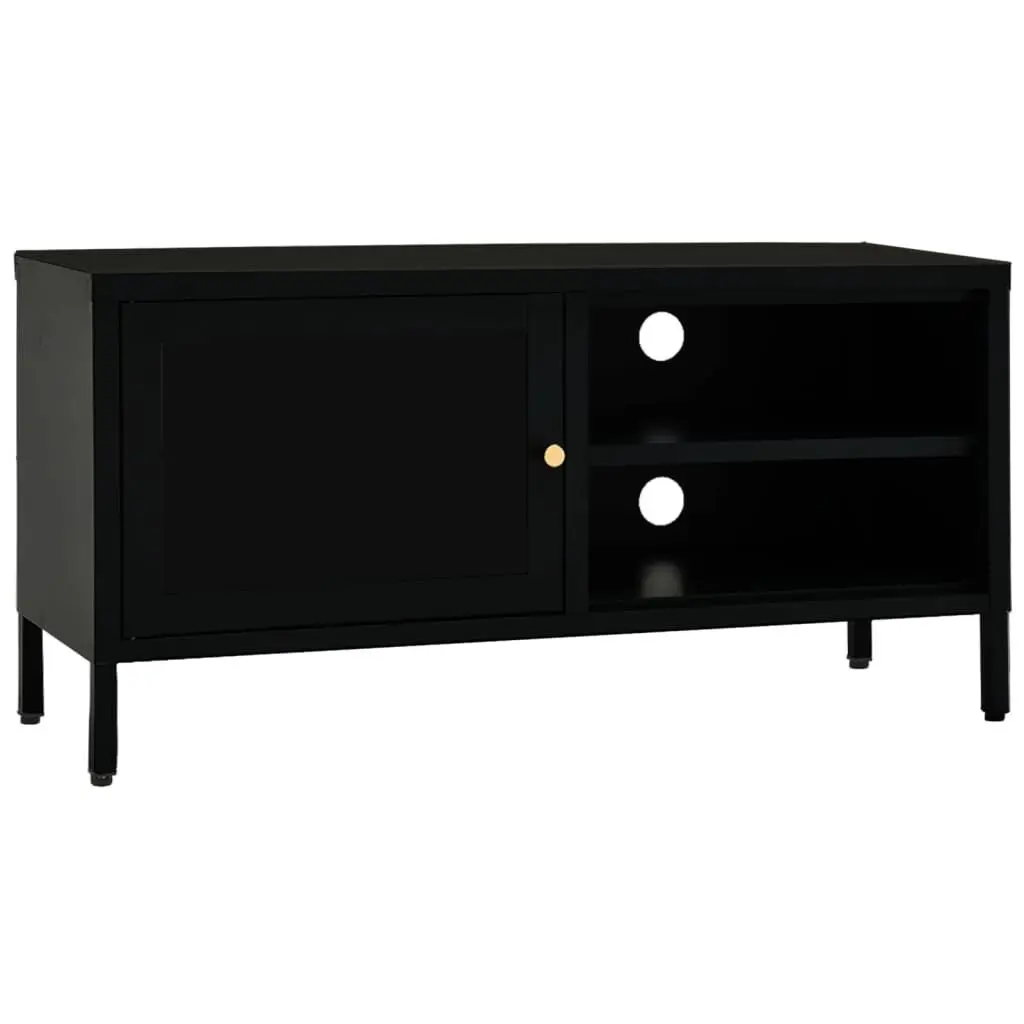 TV Stand Black 35.4x11.8x17.3 Inches Steel and Glass Modern Entertainment Center