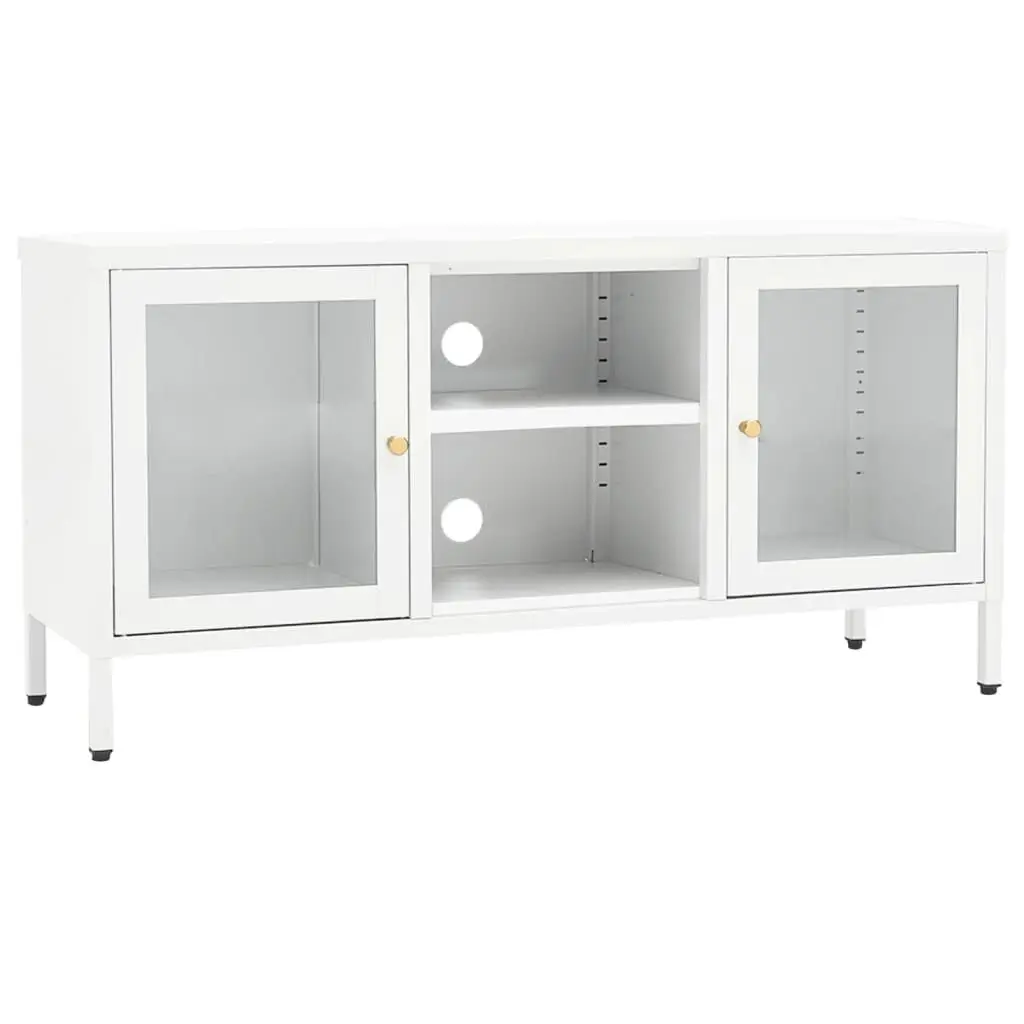 TV Stand White 41.3x13.8x20.5 Inches Steel and Glass Entertainment Center