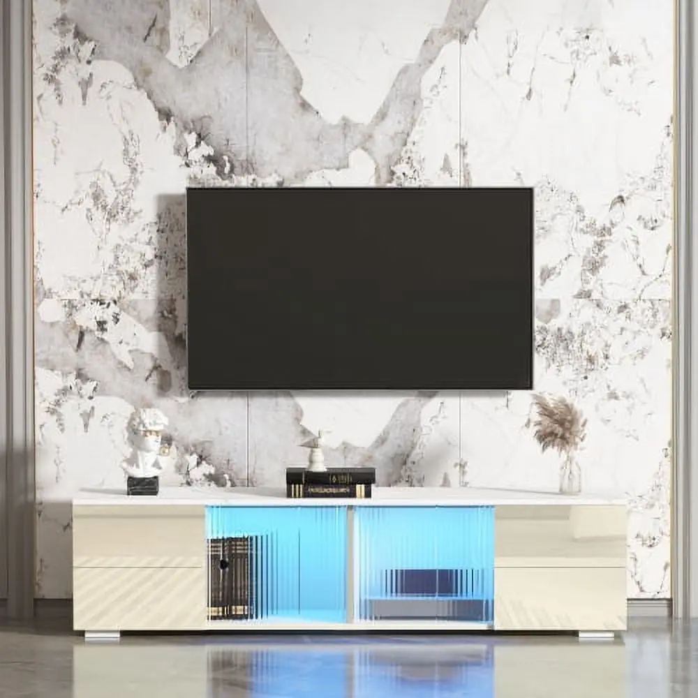 Tansole Beige LED TV Stand Sliding Doors and UV Drawer Panels 60-69 Inch TVs Classic Entertainment Center
