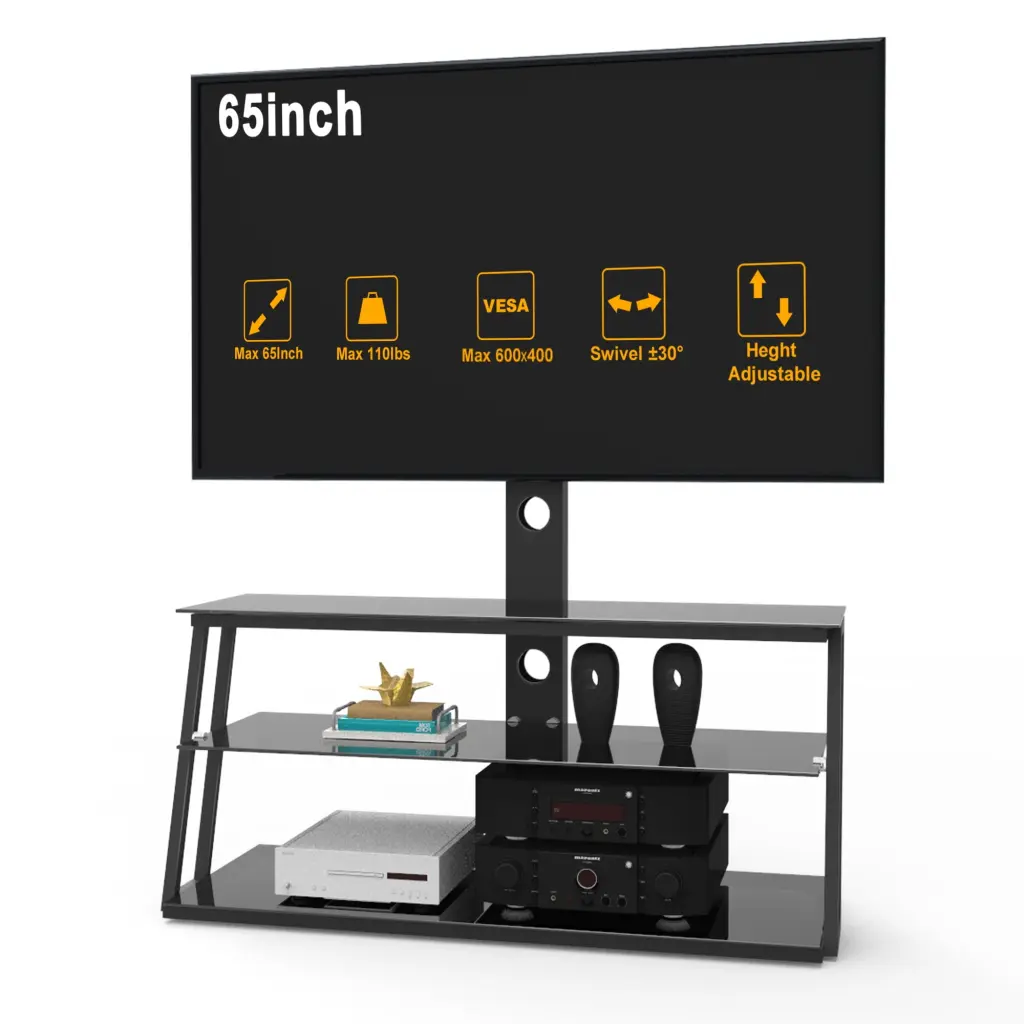 Tansole Black Adjustable Angle and Height Tempered Glass TV Stand