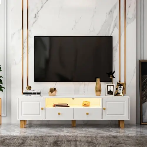 Tansole Modern White TV Stand LED Lighting and Storage Drawers - Elegant Entertainment Center 65-inch TVs