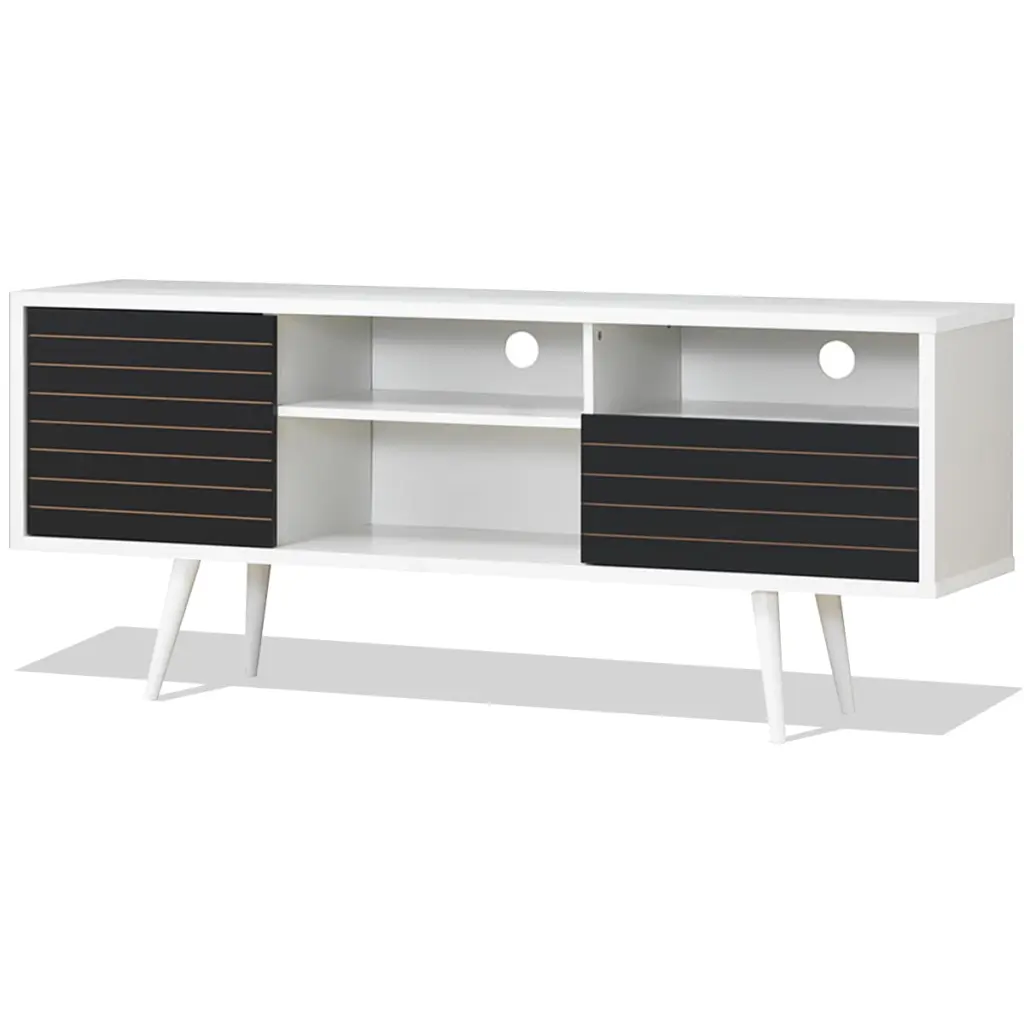 Modern TV Stand Cabinet Open Shelves and Drawer - Black and White Entertainment Center Living Room Topbuy