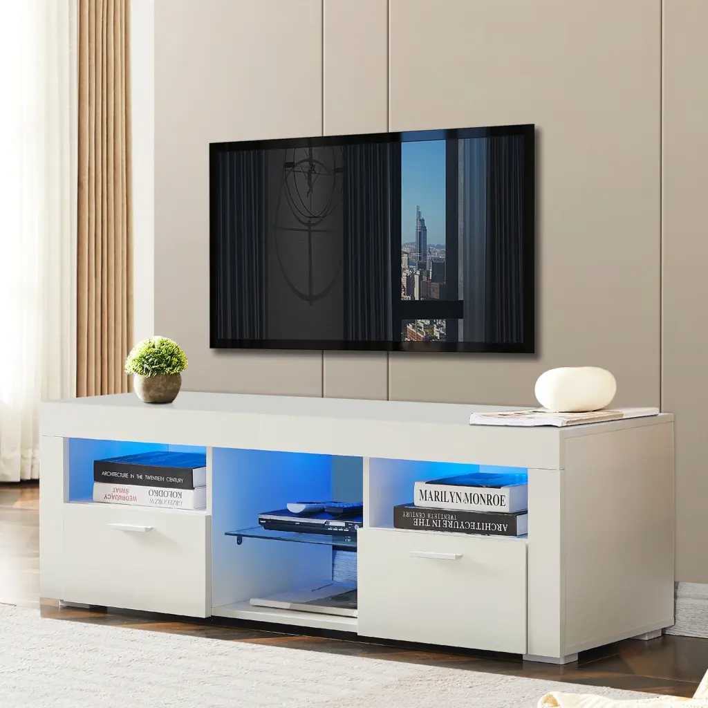 Topcobe High Glossy LED TV Entertainment Center Modern TV Stand Storage Shelves Drawers White