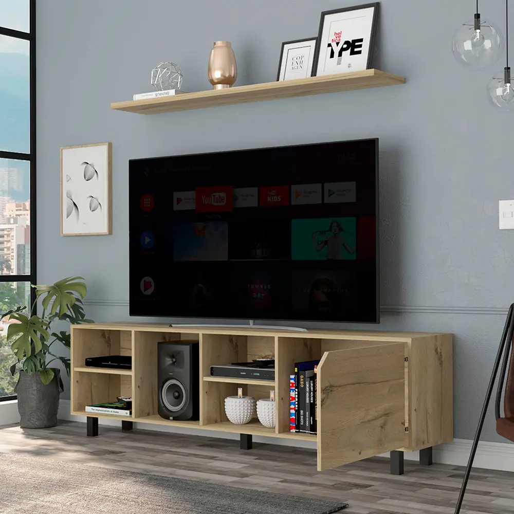 TV Stand TVs Up to 70 Inches Estocolmo Four Open Shelves Light Oak Finish treevol furniture