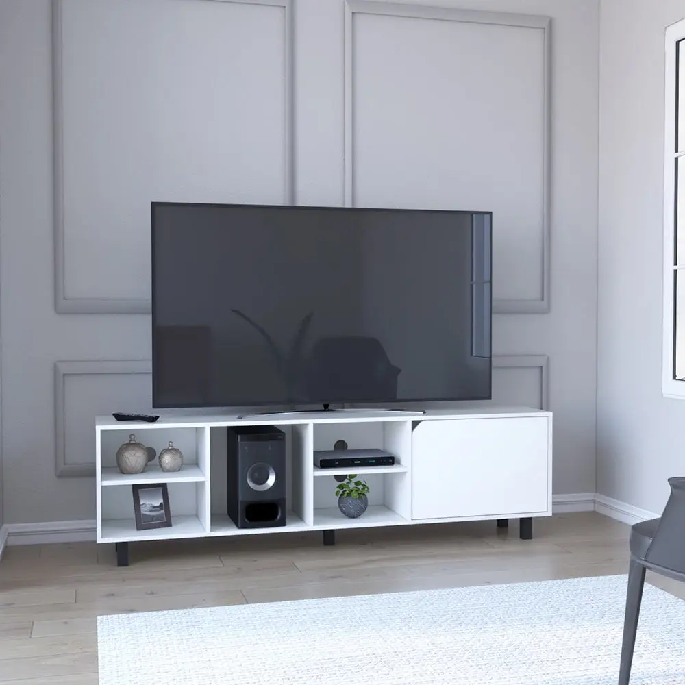 Treevol Furniture Estocolmo TV Stand TVs up to 70 Inches, 13.7 Length, Four Open Shelves, White Finish